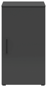 Schwarze Kommode mit einer Tür, frontal fotografiert