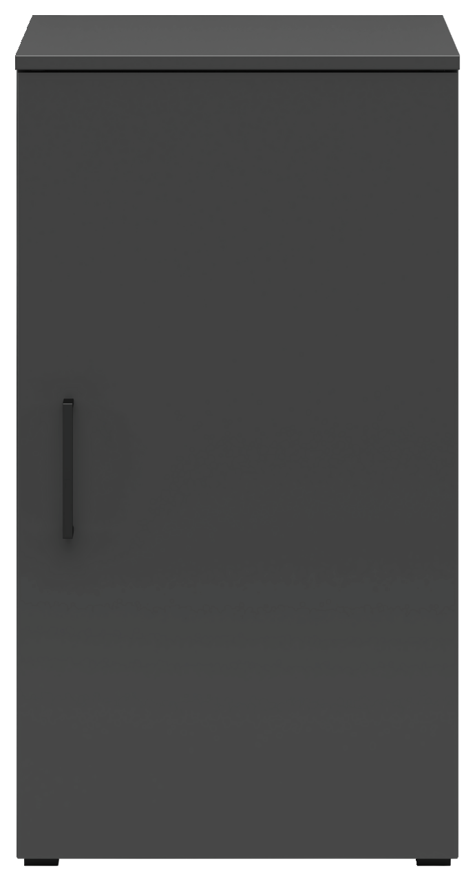 Schwarze Kommode mit einer Tür, frontal fotografiert