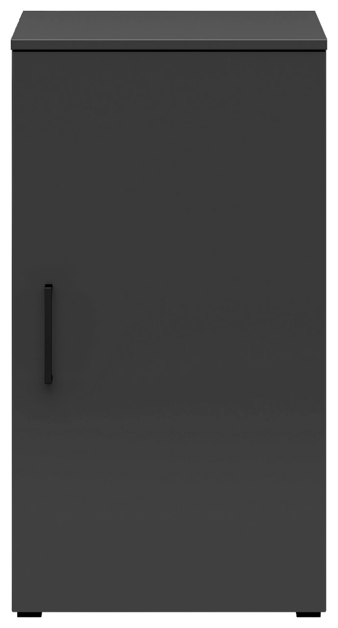 Schwarze Kommode mit einer Tür, frontal fotografiert