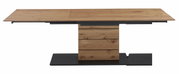 Moderner Esstisch aus Holz mit erweiterbarer Tischplatte und stabiler Mittelsäule, seitliche Perspektive.