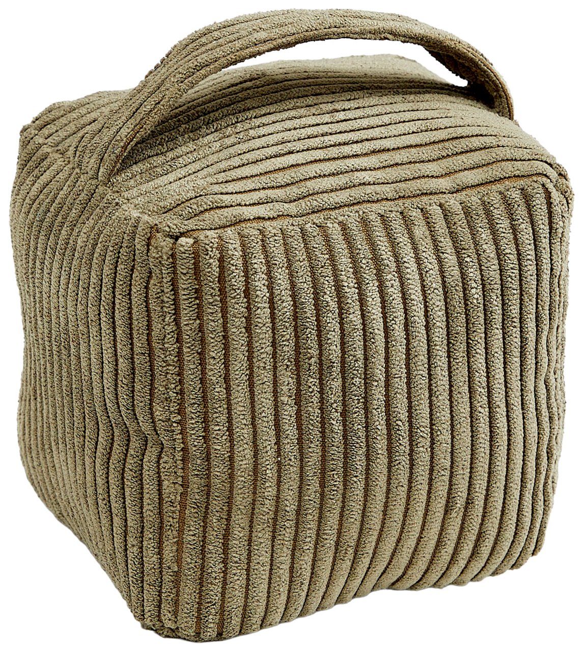 Beiger Türstopper Emy aus geripptem Stoff mit Tragegriff, seitliche Perspektive