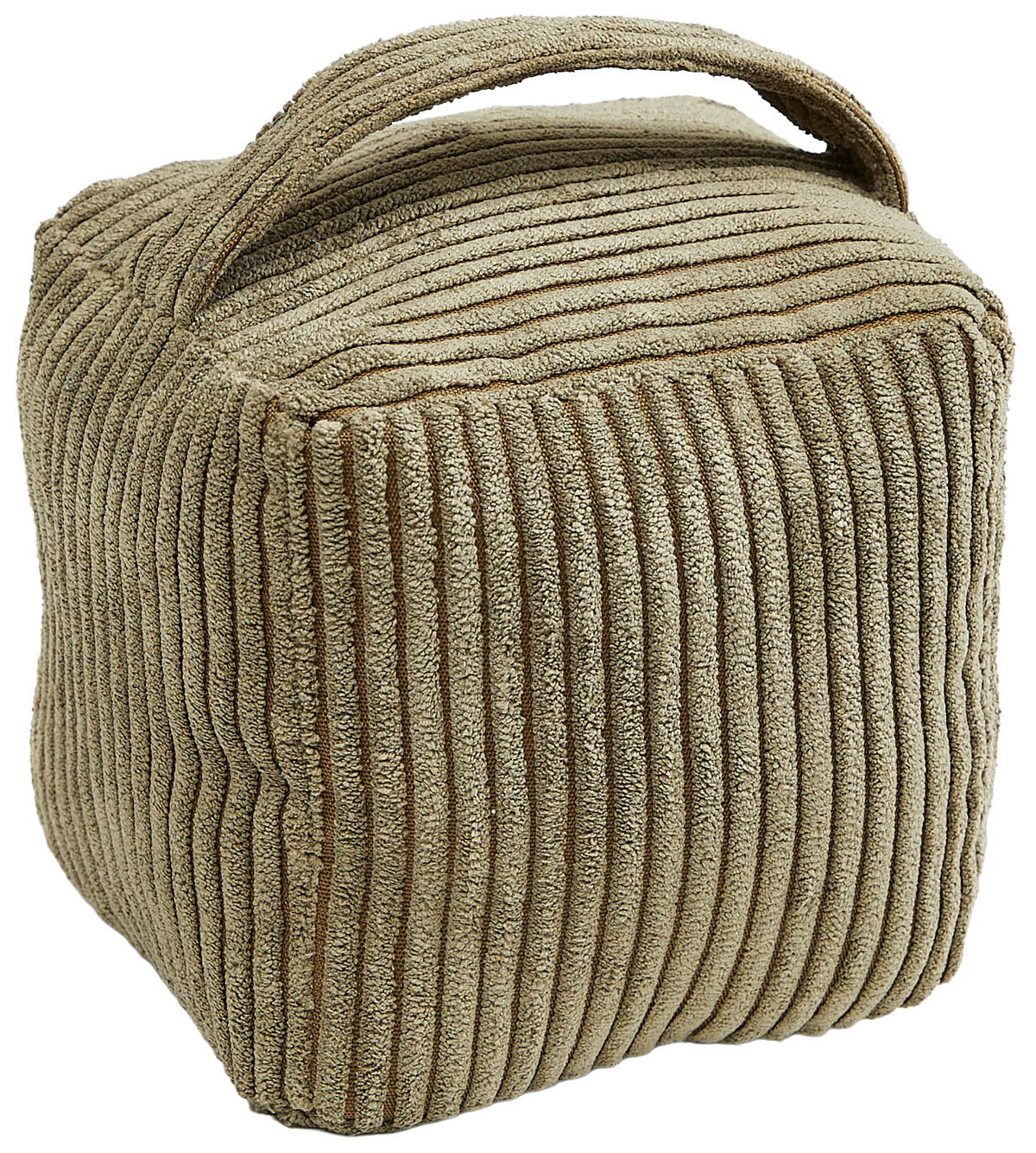 Beiger Türstopper Emy aus geripptem Stoff mit Tragegriff, seitliche Perspektive