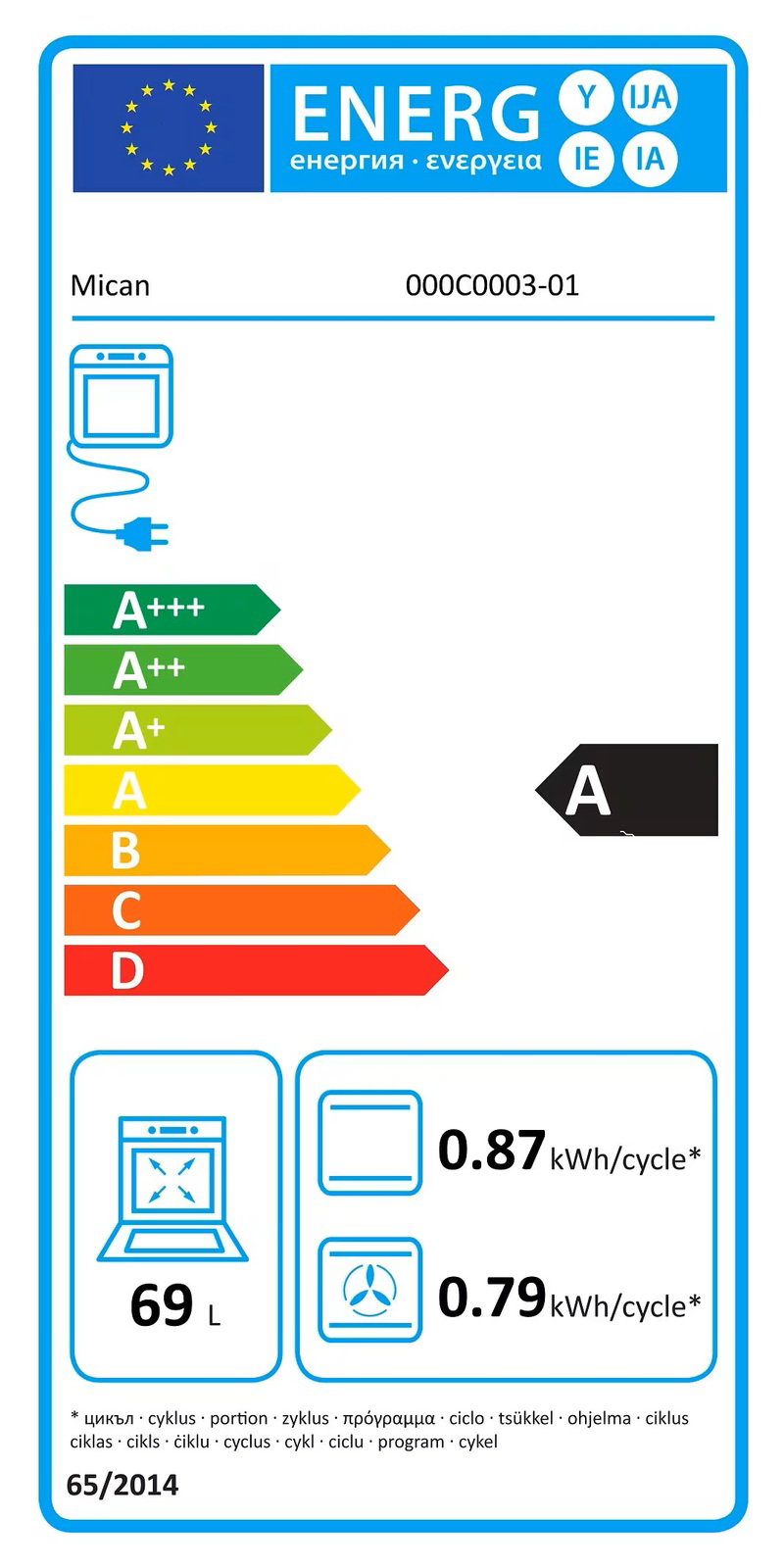 Energieeffizienzlabel für einen Einbaubackofen mit Energieklasse A, 69 Liter Volumen und einem Energieverbrauch von 0,87 kWh pro Zyklus. Frontalansicht.