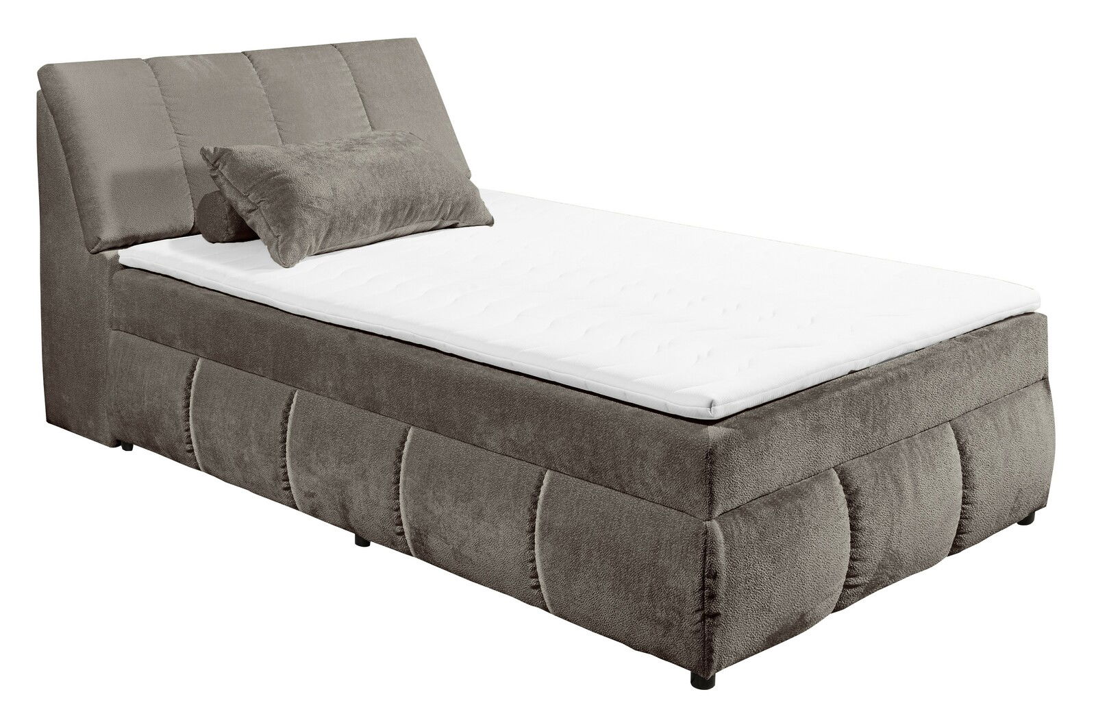 Boxspringbett in grauem Stoffbezug mit Kopfteil und Kissen, seitliche Perspektive