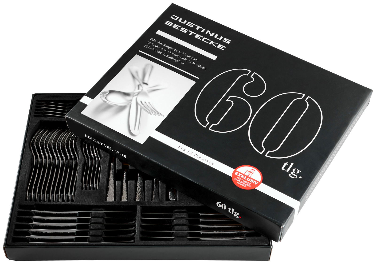 Besteckset 60-teilig in schwarzer Verpackung, teilweise geöffnet, mit Sicht auf die Besteckteile. Perspektive von oben.