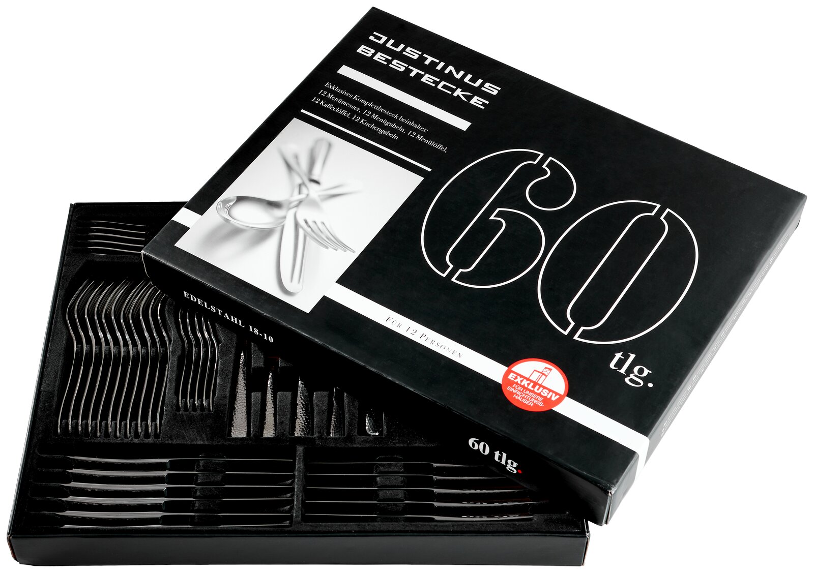 Besteckset 60-teilig in schwarzer Verpackung, teilweise geöffnet, mit Sicht auf die Besteckteile. Perspektive von oben.