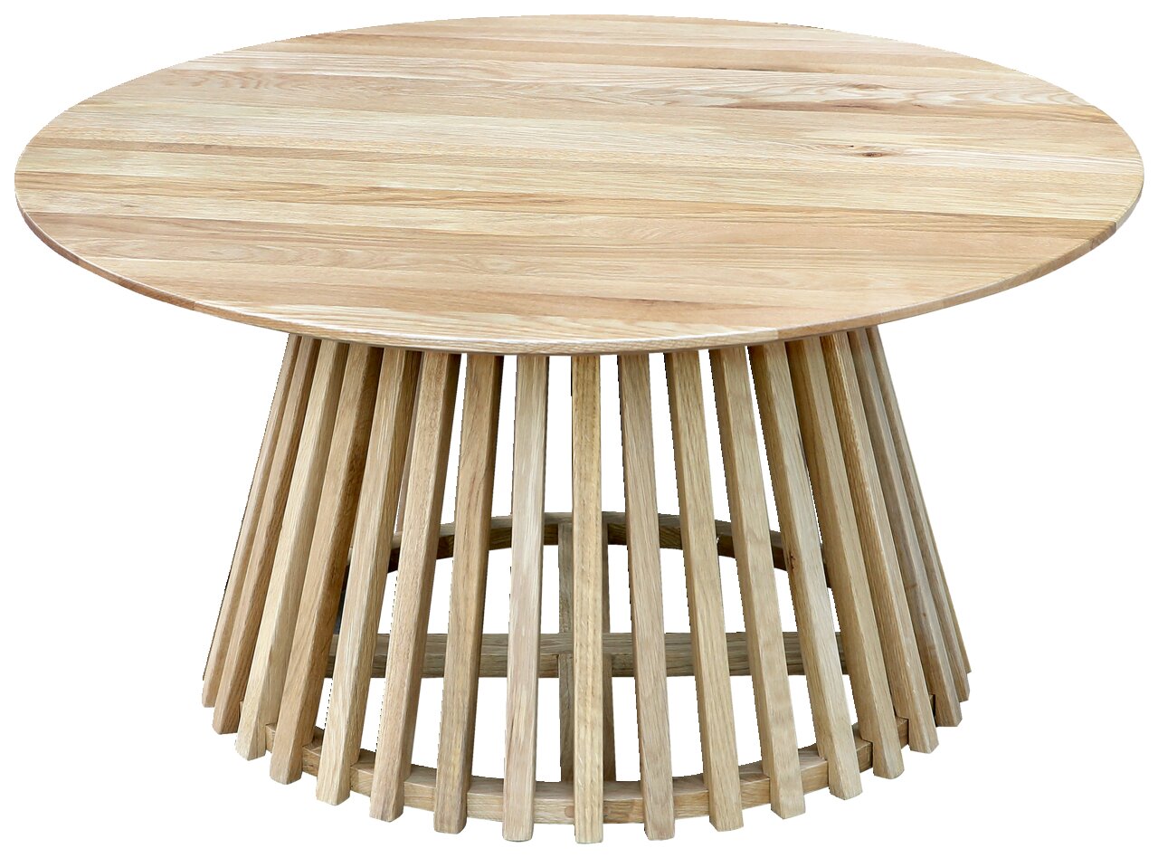 Cantus Salontafel NARVIK Runder Couchtisch aus hellem Holz mit einem modernen, gitterartigen Untergestell, seitliche Perspektive