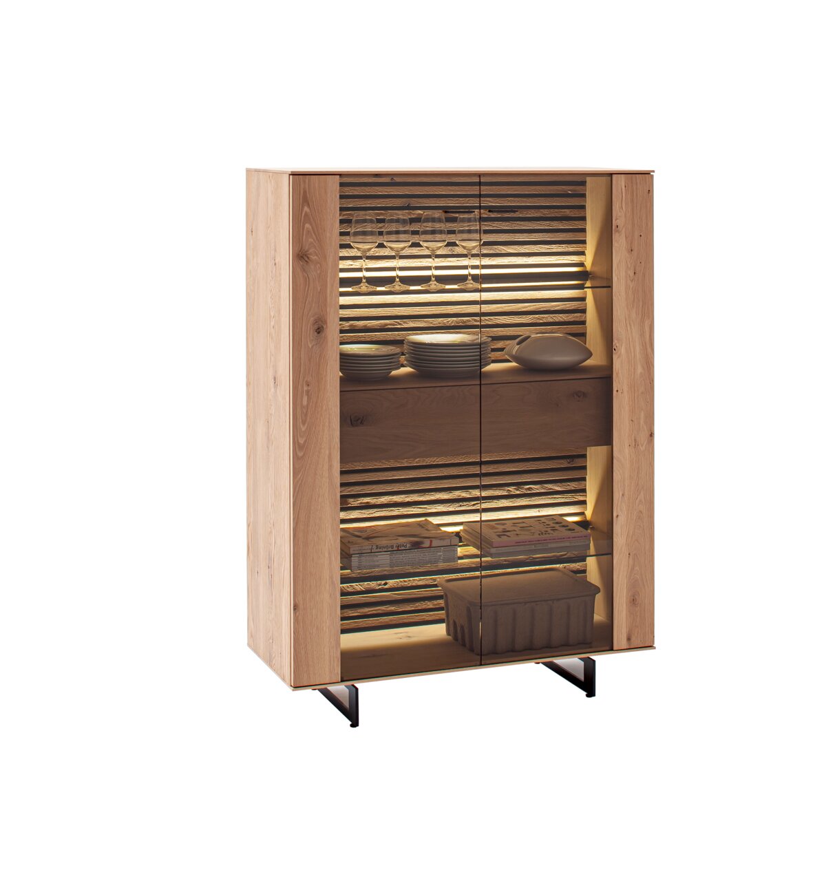 Schöner Wohnen Hoog dressoir YONNA Hochwertiges Highboard aus Holz mit Glastüren, beleuchtetem Innenraum und modernem Design, seitliche Perspektive