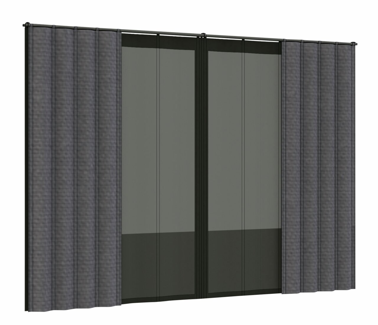 Grijze gordijnset in vooraanzicht, bestaande uit twee panelen die aan een roede hangen.
