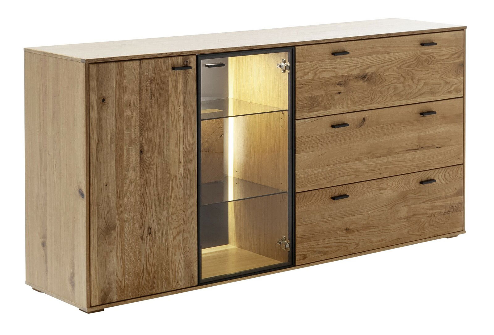 Holz-Sideboard mit drei Schubladen und einer Glastür, seitliche Perspektive