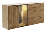 Holz-Sideboard mit drei Schubladen und einer Glastür, seitliche Perspektive
