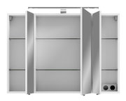 Moderner Spiegelschrank mit drei Türen, Glasregalen und integrierter Beleuchtung, Frontalansicht