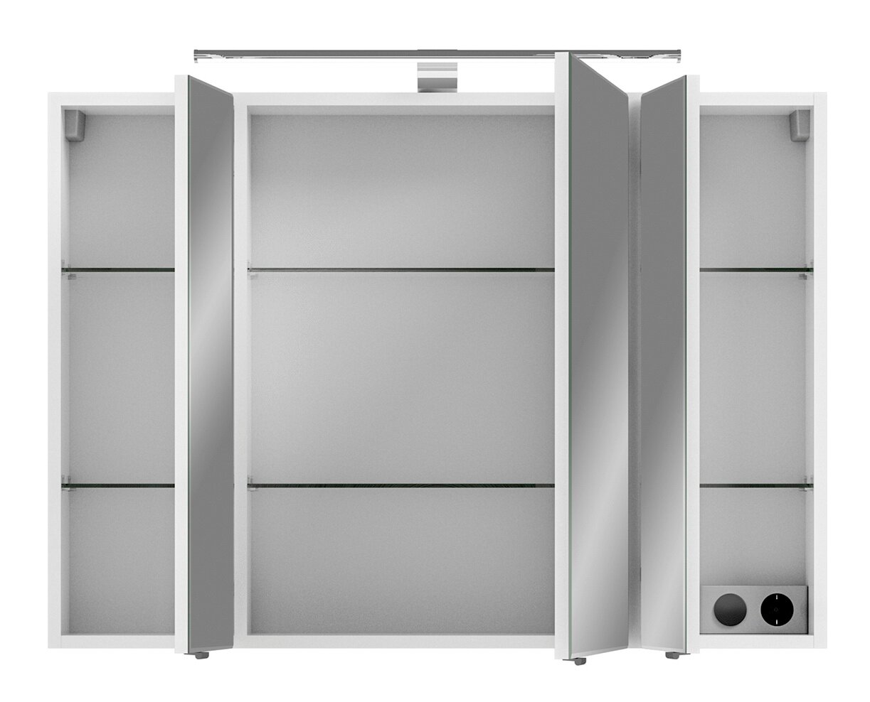 Moderner Spiegelschrank mit drei Türen, Glasregalen und integrierter Beleuchtung, Frontalansicht