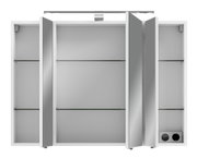 Moderner Spiegelschrank mit drei Türen, Glasregalen und integrierter Beleuchtung, Frontalansicht
