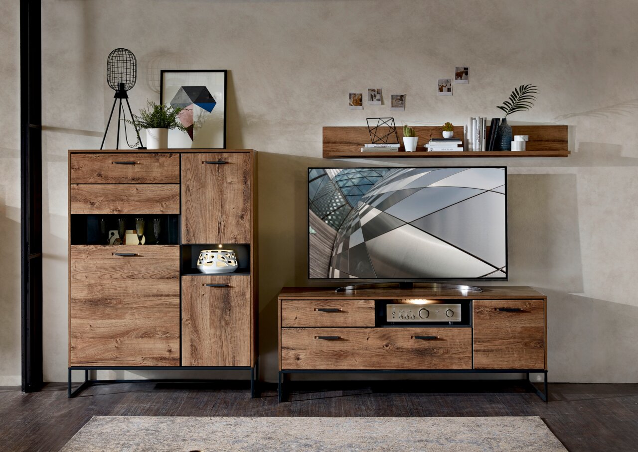 Zurbrüggen Wandbord mit Boden MANHATTAN Wohnzimmermöbel-Set in Holzoptik mit Vitrine, TV-Lowboard und Wandregal, frontal betrachtet