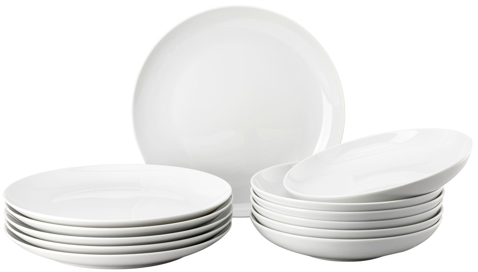 Thomas Dinner-Set 12-tlg. CUCINA Weißes 12-teiliges Dinner-Set aus Porzellan, bestehend aus flachen und tiefen Tellern, seitliche Perspektive.