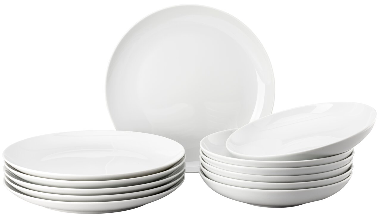 Thomas 12-delige servieset CUCINA Witte 12-delige servieset van porselein, bestaande uit platte en diepe borden, zijaanzicht.