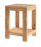 Holzbeistelltisch mit quadratischer Tischplatte und zusätzlicher Ablage, seitliche Perspektive