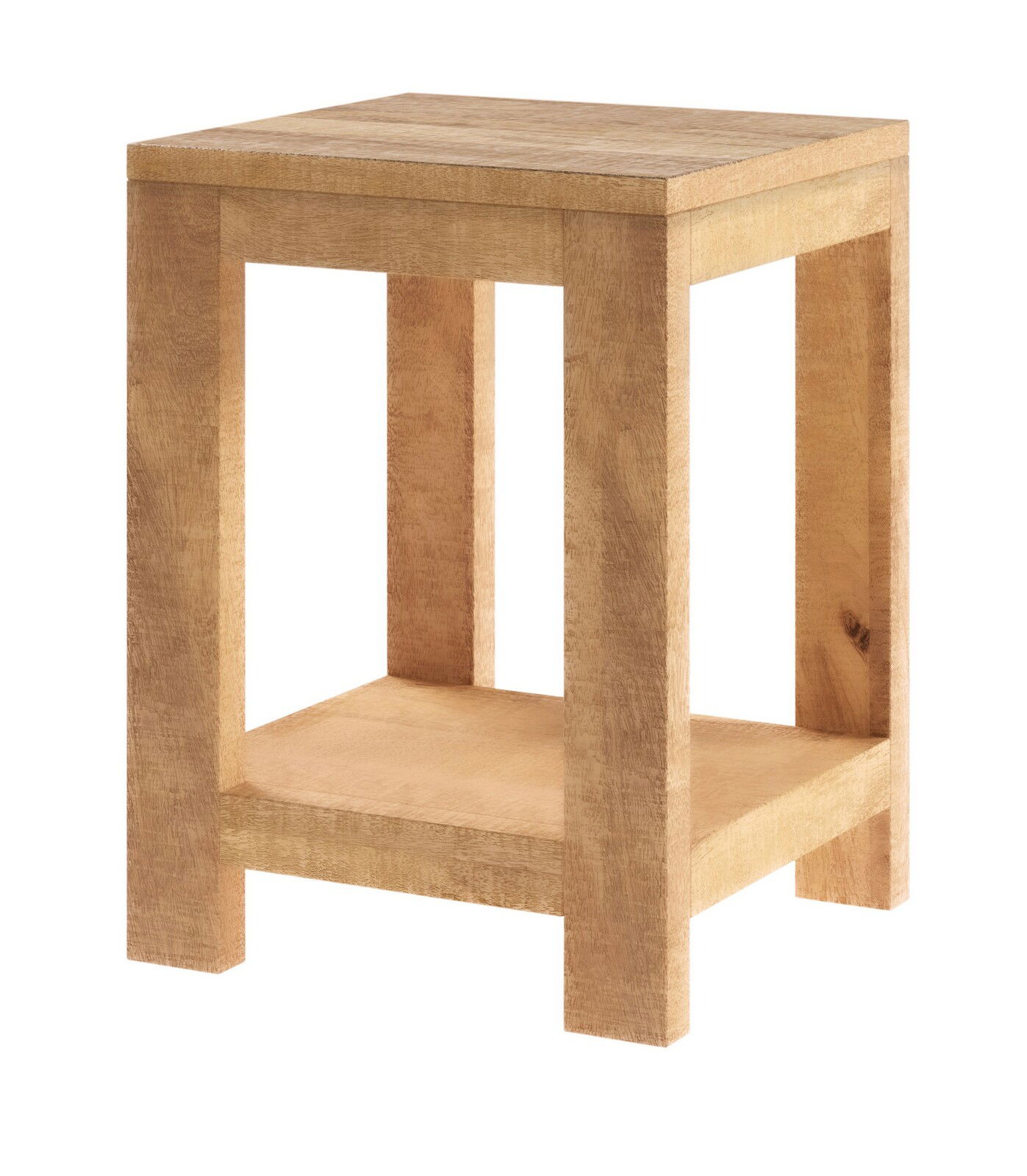 Holzbeistelltisch mit quadratischer Tischplatte und zusätzlicher Ablage, seitliche Perspektive