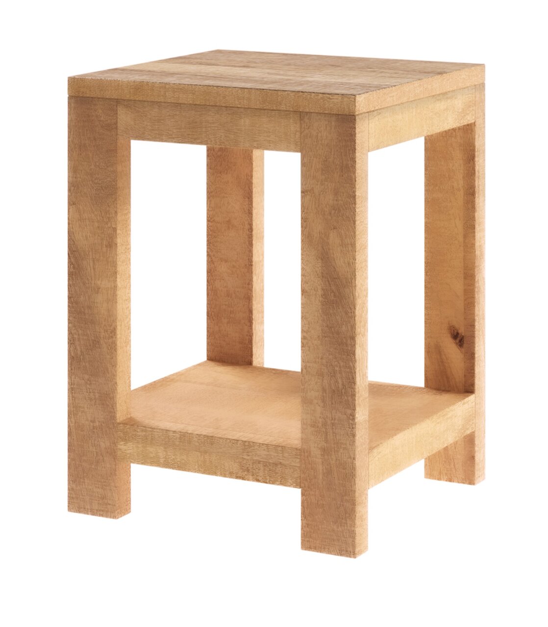 Holzbeistelltisch mit quadratischer Tischplatte und zusätzlicher Ablage, seitliche Perspektive