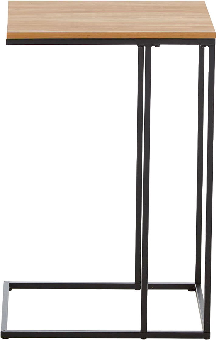 Schmaler Beistelltisch mit heller Holzplatte und schwarzem Metallgestell, Seitenansicht vor weißem Hintergrund