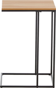 Schmaler Beistelltisch mit heller Holzplatte und schwarzem Metallgestell, Seitenansicht vor weißem Hintergrund