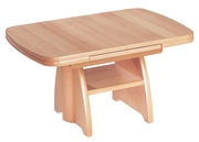 Holz-Couchtisch mit abgerundeten Ecken und zusätzlicher Ablage, seitliche Perspektive