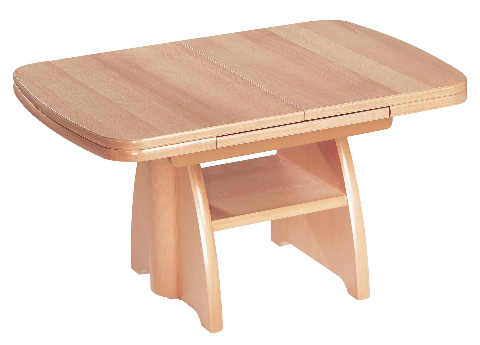 Holz-Couchtisch mit abgerundeten Ecken und zusätzlicher Ablage, seitliche Perspektive