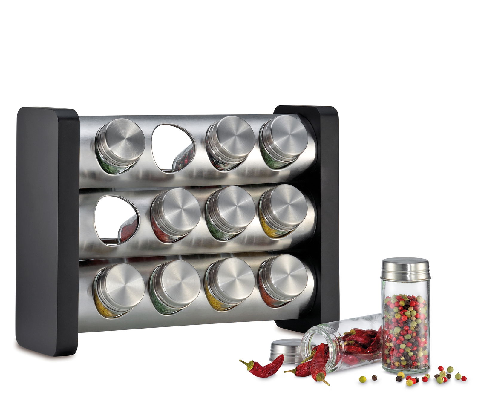 Gewürzständer mit 12 Gläsern, schwarz, aus seitlicher Perspektive fotografiert. Enthält bunte Gewürze in Gläsern mit silbernen Deckeln.