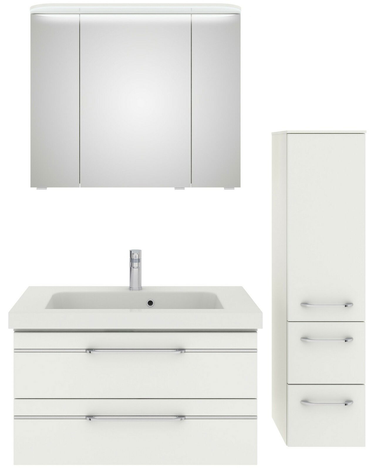 Pelipal Badblok BALTO SPRINT Badezimmermöbel-Set bestehend aus einem Spiegelschrank, einem Waschbeckenunterschrank mit zwei Schubladen und einem hohen Seitenschrank, frontal abgebildet.