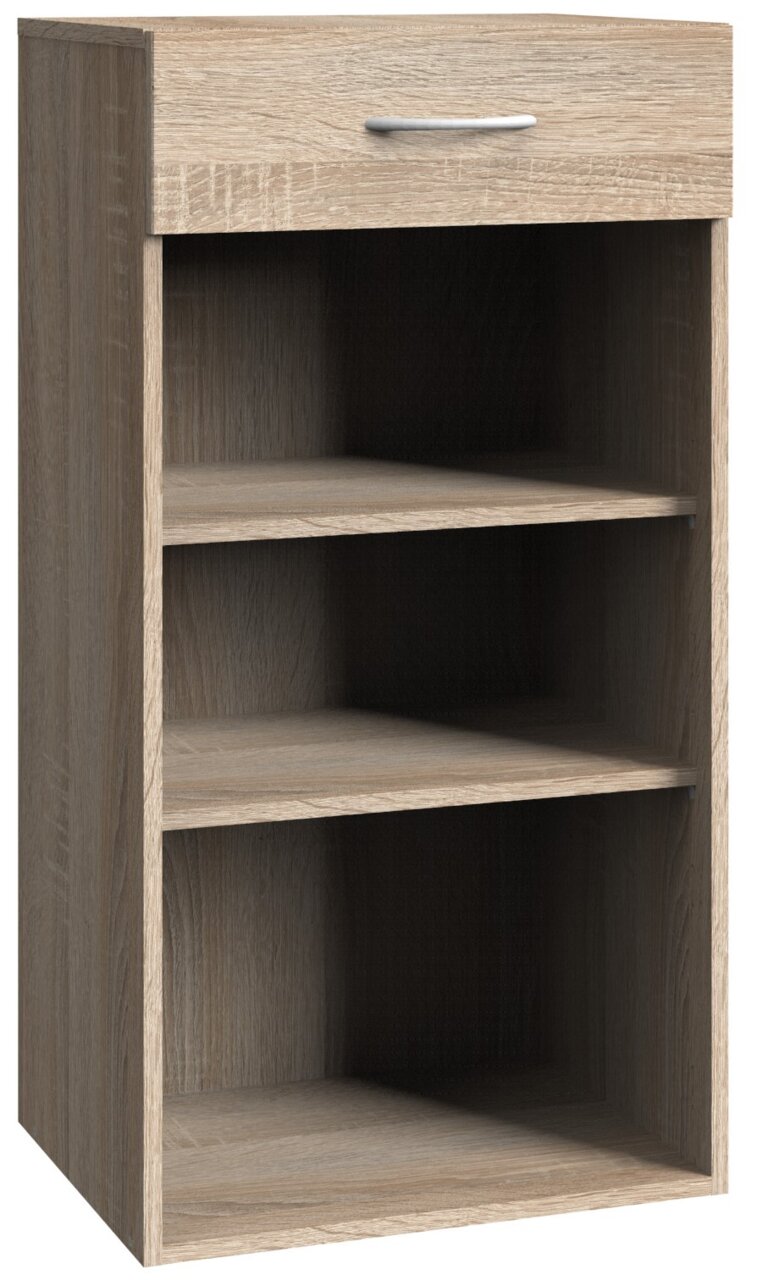 Holzregal mit drei offenen Fächern und einer Schublade, seitliche Perspektive