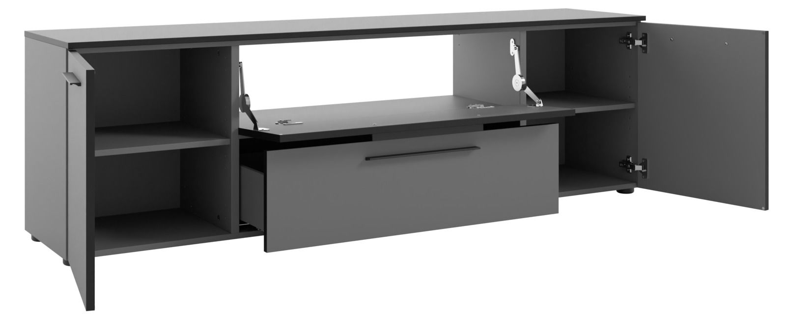 Graues TV-Lowboard mit offenen Türen und Schubladen, Frontansicht