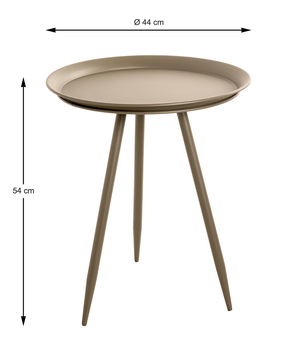 Runder Beistelltisch in Taupe mit Tablett-Tischplatte, Ø 44 cm und Höhe 54 cm, freigestellt in leichter Seitenansicht (3/4-Perspektive)