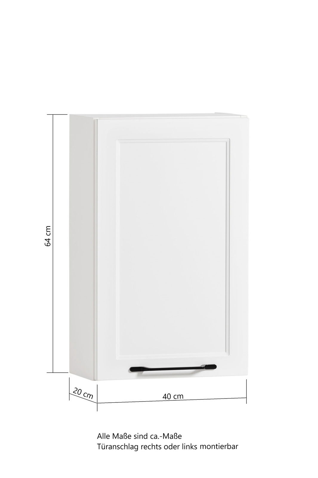 Weißer Hängeschrank mit einer Tür, frontal abgebildet, Maße 64 cm hoch, 40 cm breit, 20 cm tief, Türanschlag rechts oder links montierbar.