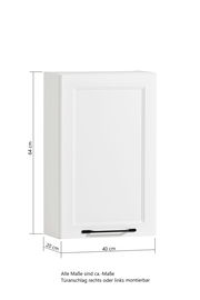 Weißer Hängeschrank mit einer Tür, frontal abgebildet, Maße 64 cm hoch, 40 cm breit, 20 cm tief, Türanschlag rechts oder links montierbar.