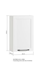 Weißer Hängeschrank mit einer Tür, frontal abgebildet, Maße 64 cm hoch, 40 cm breit, 20 cm tief, Türanschlag rechts oder links montierbar.