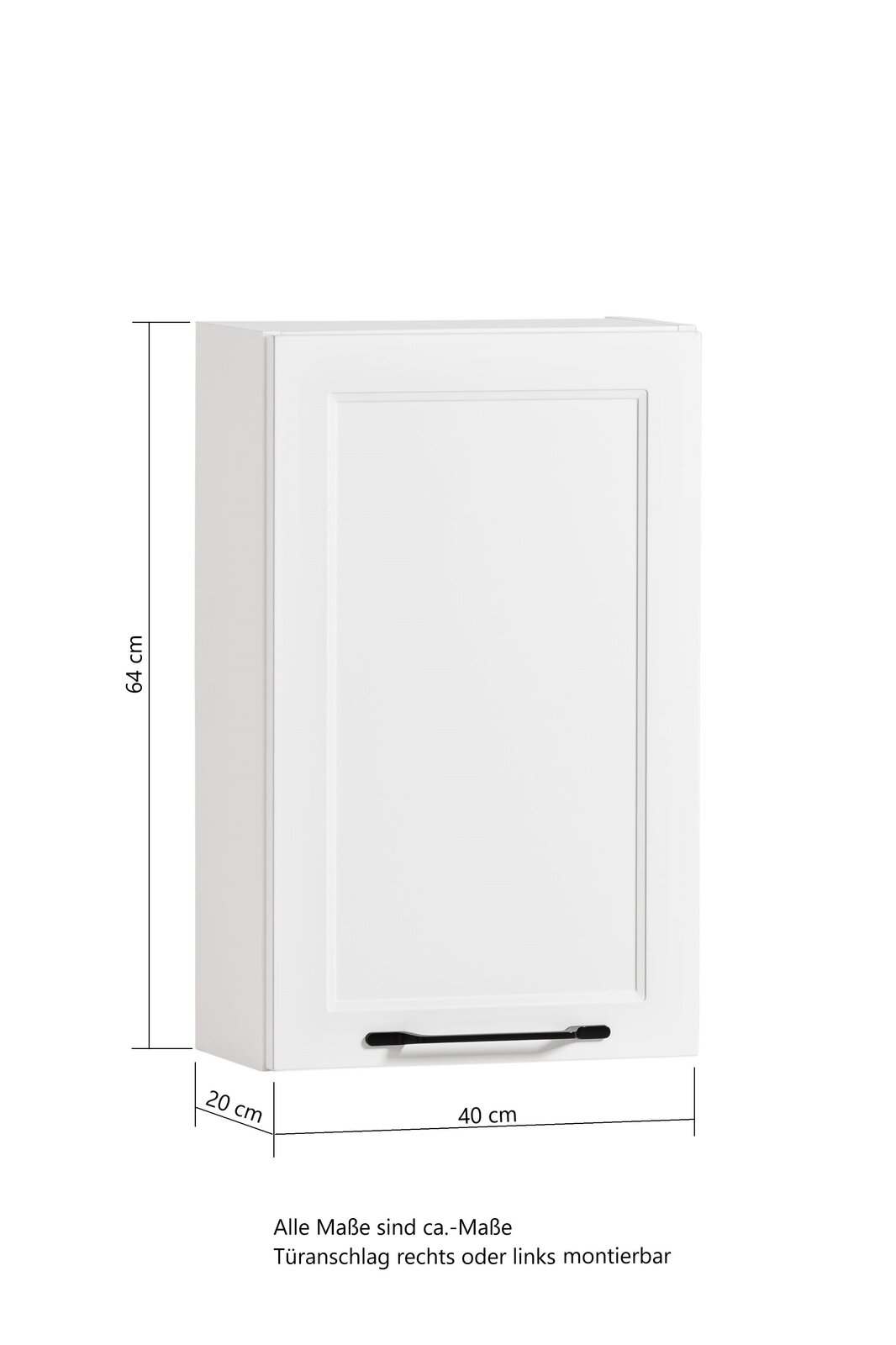 Weißer Hängeschrank mit einer Tür, frontal abgebildet, Maße 64 cm hoch, 40 cm breit, 20 cm tief, Türanschlag rechts oder links montierbar.