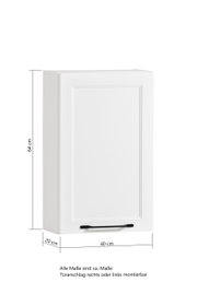 Weißer Hängeschrank mit einer Tür, frontal abgebildet, Maße 64 cm hoch, 40 cm breit, 20 cm tief, Türanschlag rechts oder links montierbar.