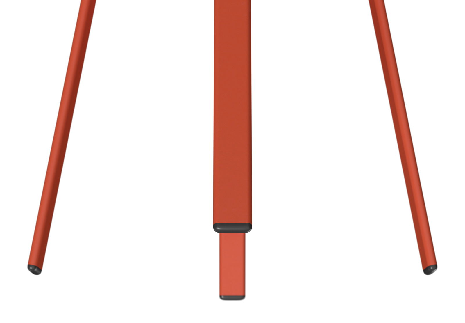 Nahaufnahme der Beine eines roten Beistelltisches aus der Frontalperspektive.