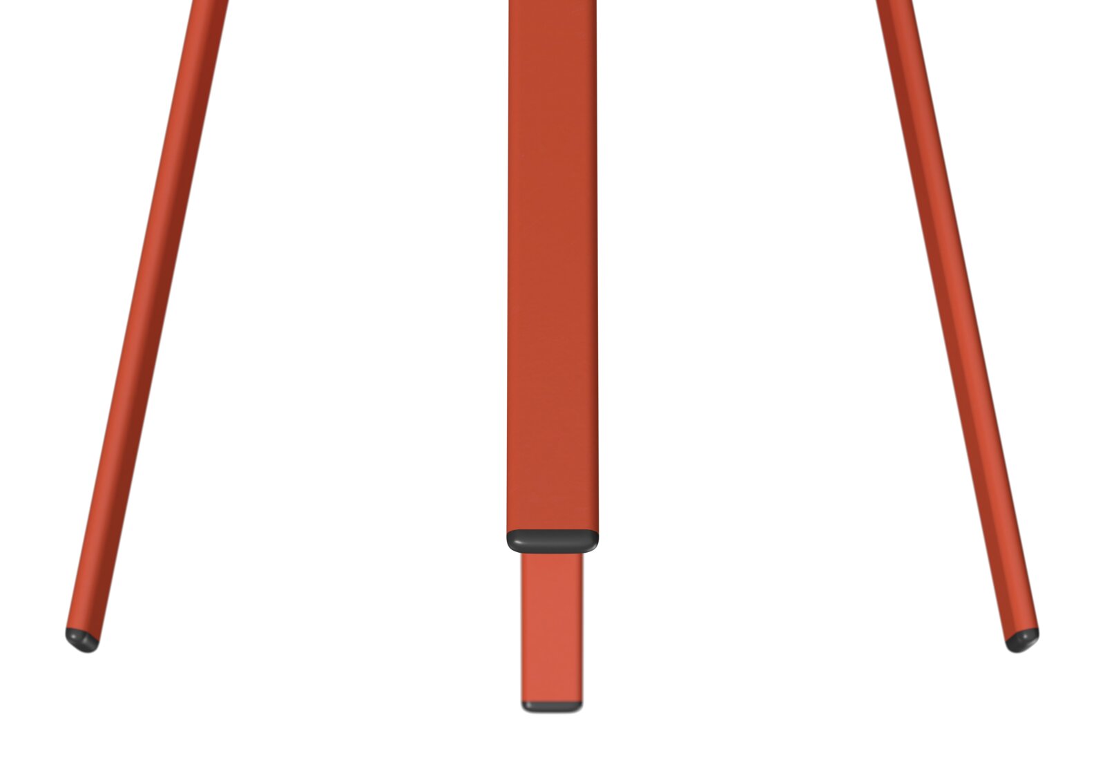 Nahaufnahme der Beine eines roten Beistelltisches aus der Frontalperspektive.