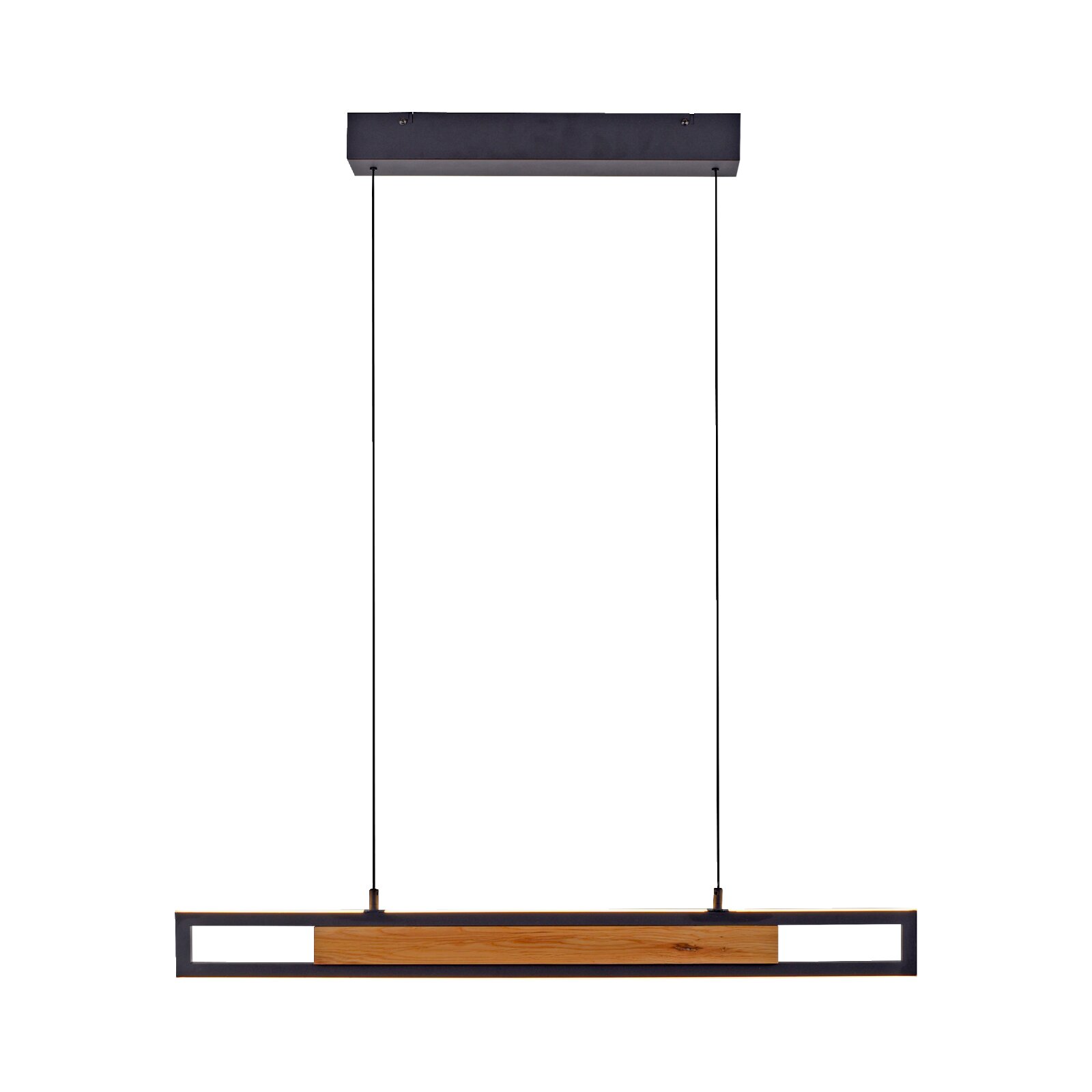 Moderne langwerpige hanglamp met zwart metalen frame, warme geïntegreerde ledverlichting en een decoratief houten element, recht van voren afgebeeld.