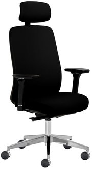 Schwarzer Chefsessel mit Kopfstütze und Armlehnen, seitliche Perspektive