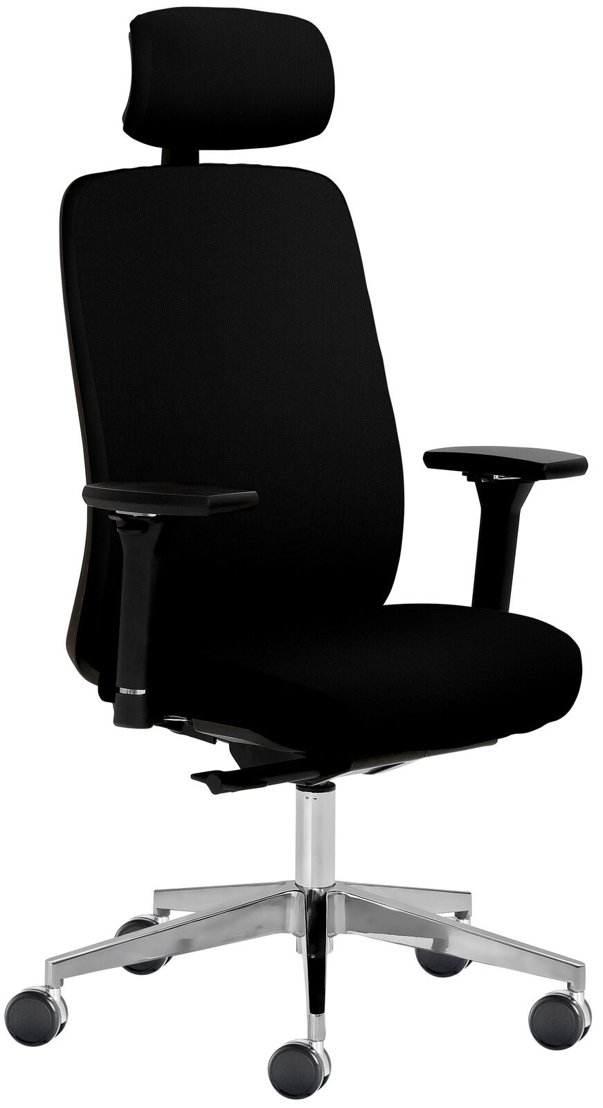 Schwarzer Chefsessel mit Kopfstütze und Armlehnen, seitliche Perspektive