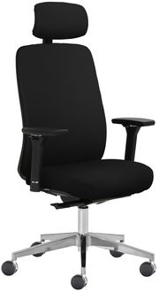 Schwarzer Chefsessel mit Kopfstütze und Armlehnen, seitliche Perspektive