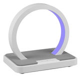 Moderne LED-Tischleuchte in Ringform mit grauer Basis und blauer Lichtakzent, seitliche Perspektive