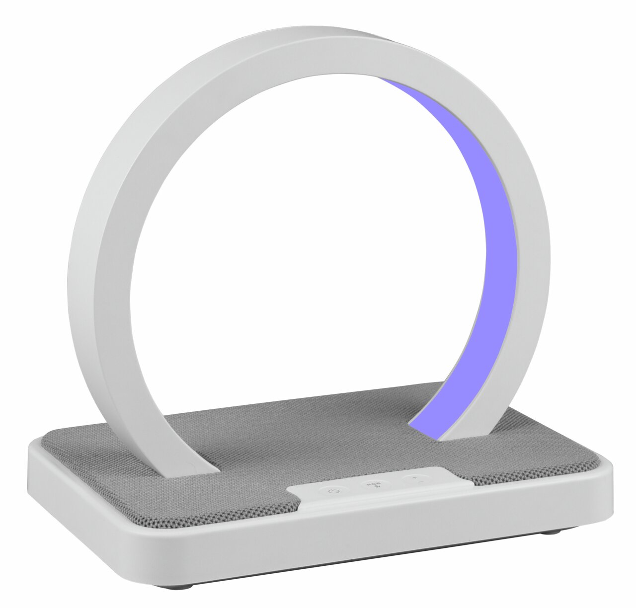 Moderne LED-Tischleuchte in Ringform mit grauer Basis und blauer Lichtakzent, seitliche Perspektive