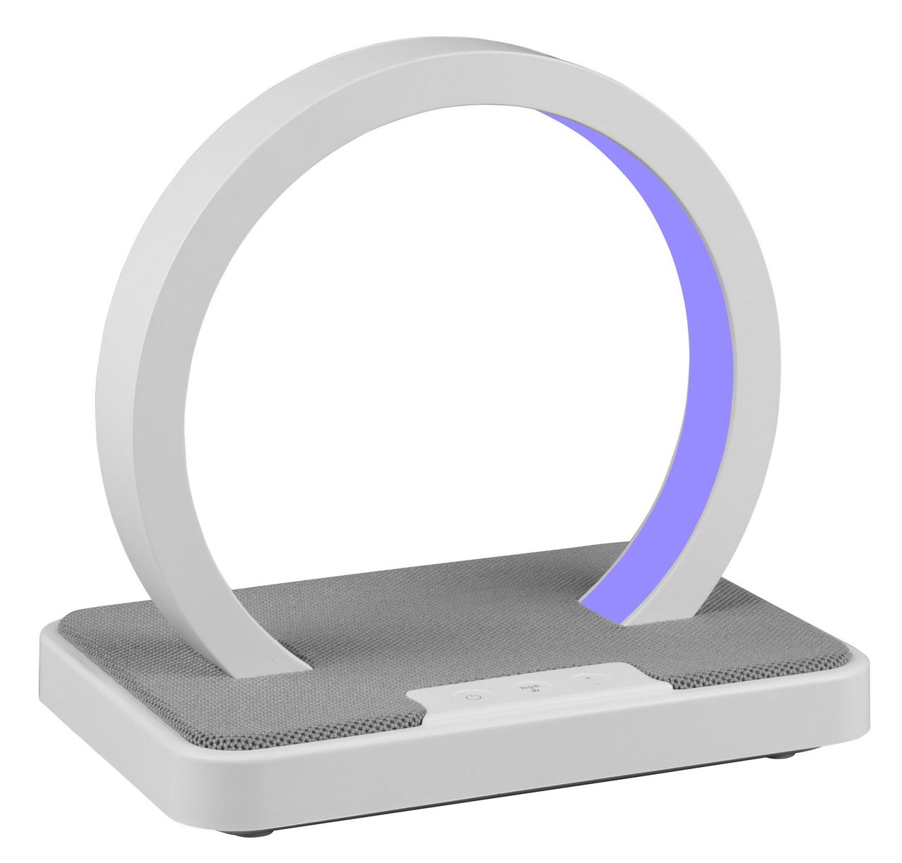 Moderne LED-Tischleuchte in Ringform mit grauer Basis und blauer Lichtakzent, seitliche Perspektive