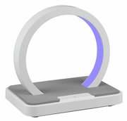 Moderne LED-Tischleuchte in Ringform mit grauer Basis und blauer Lichtakzent, seitliche Perspektive