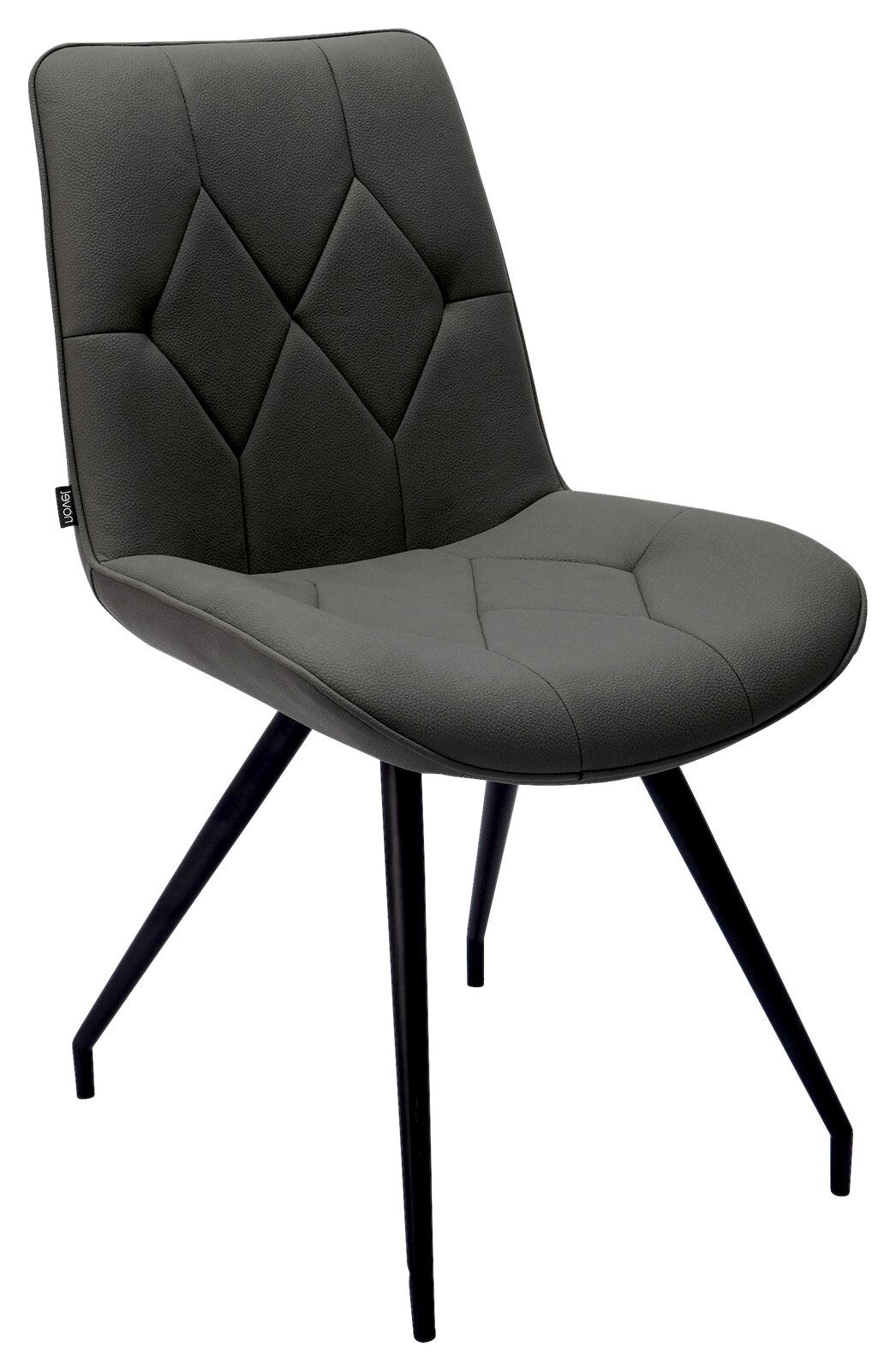 Novel Stuhl HENRY Moderner grauer Stuhl mit gepolsterter Sitzfläche und Rückenlehne, schwarzes Metallgestell, seitliche Perspektive