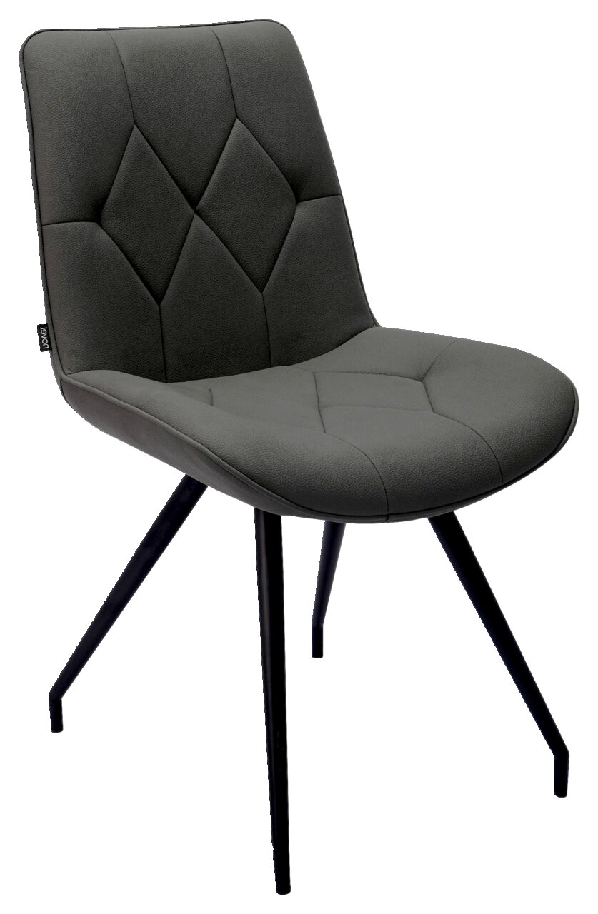 Novel Stuhl HENRY Moderner grauer Stuhl mit gepolsterter Sitzfläche und Rückenlehne, schwarzes Metallgestell, seitliche Perspektive